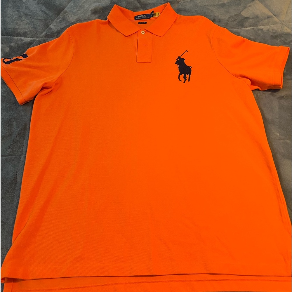 Orange Ralph Lauren Polo with a Navy colored horse classic fit size L